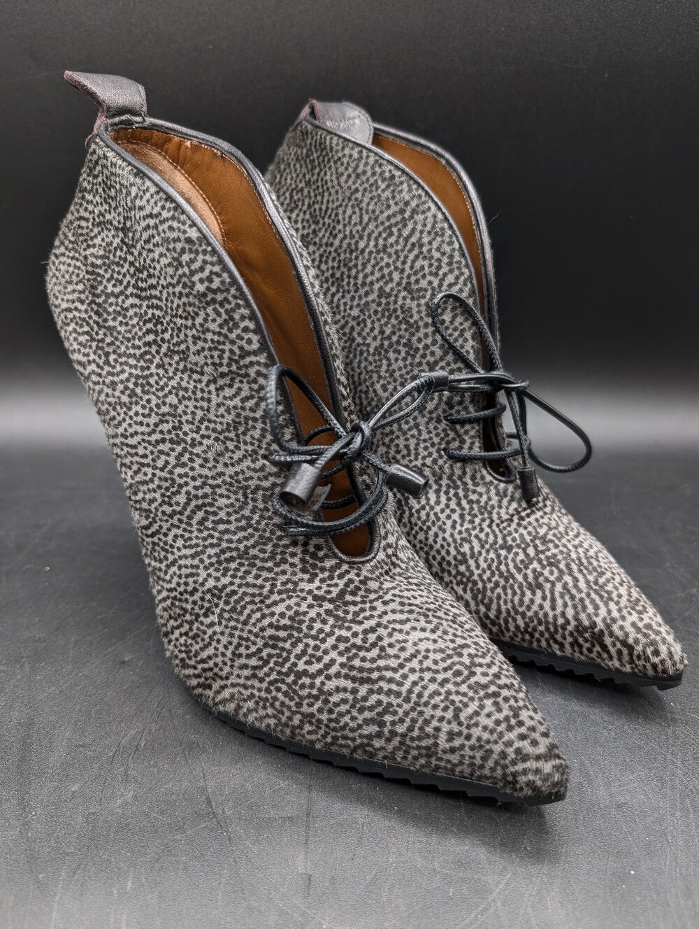 Agnona Womens Stiletto Heel Grey Pony Hair Black Dot Leather Booties, EU 37.5